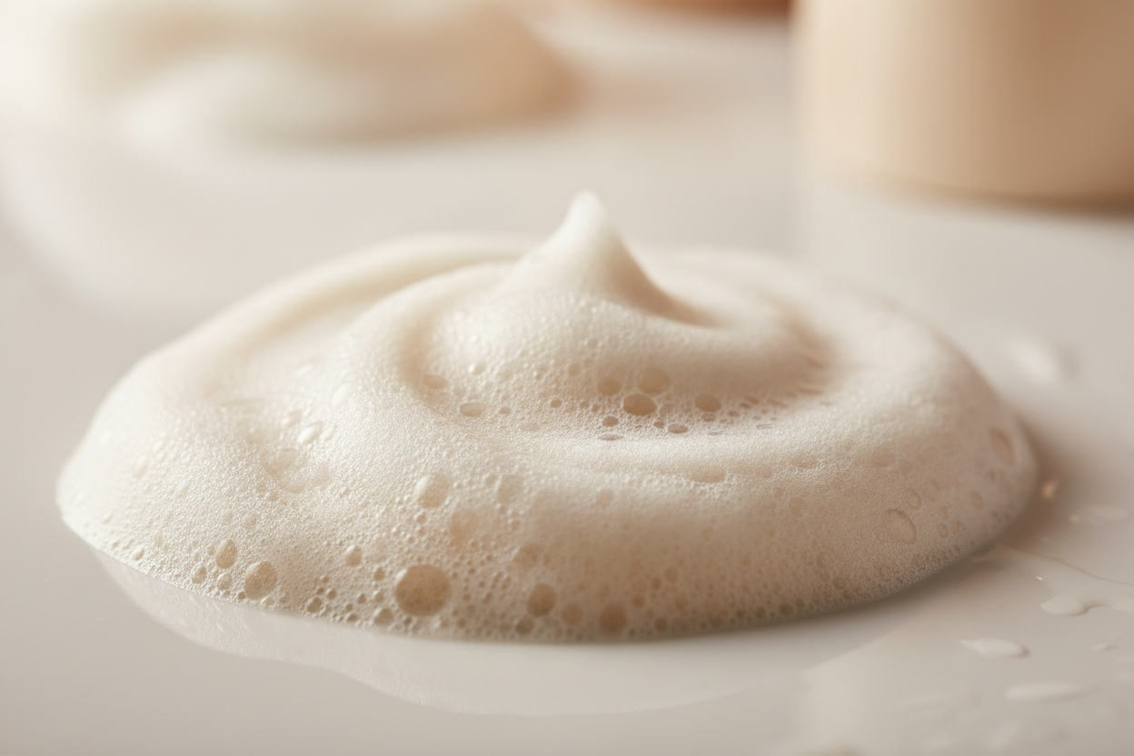 editorial texture photo of shampoo lather,  Soft warm neutral tones, spa-like lighting, minimal composition.”