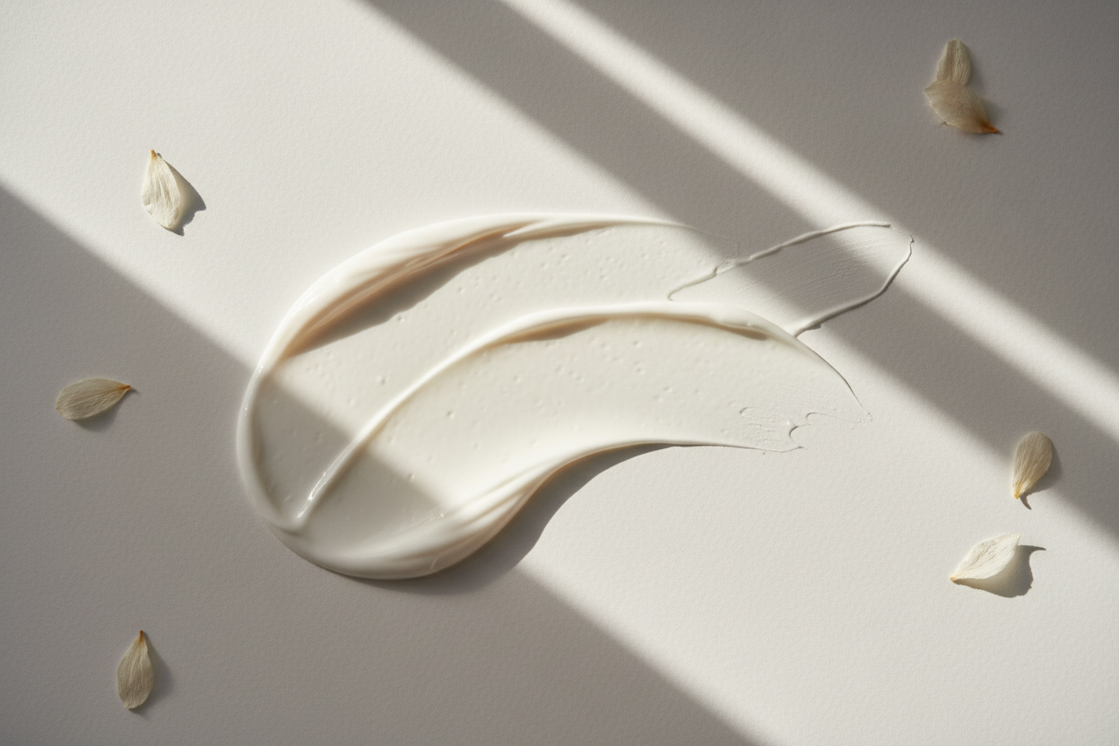 editorial texture photo, thin white cream, sun rays, flat lay