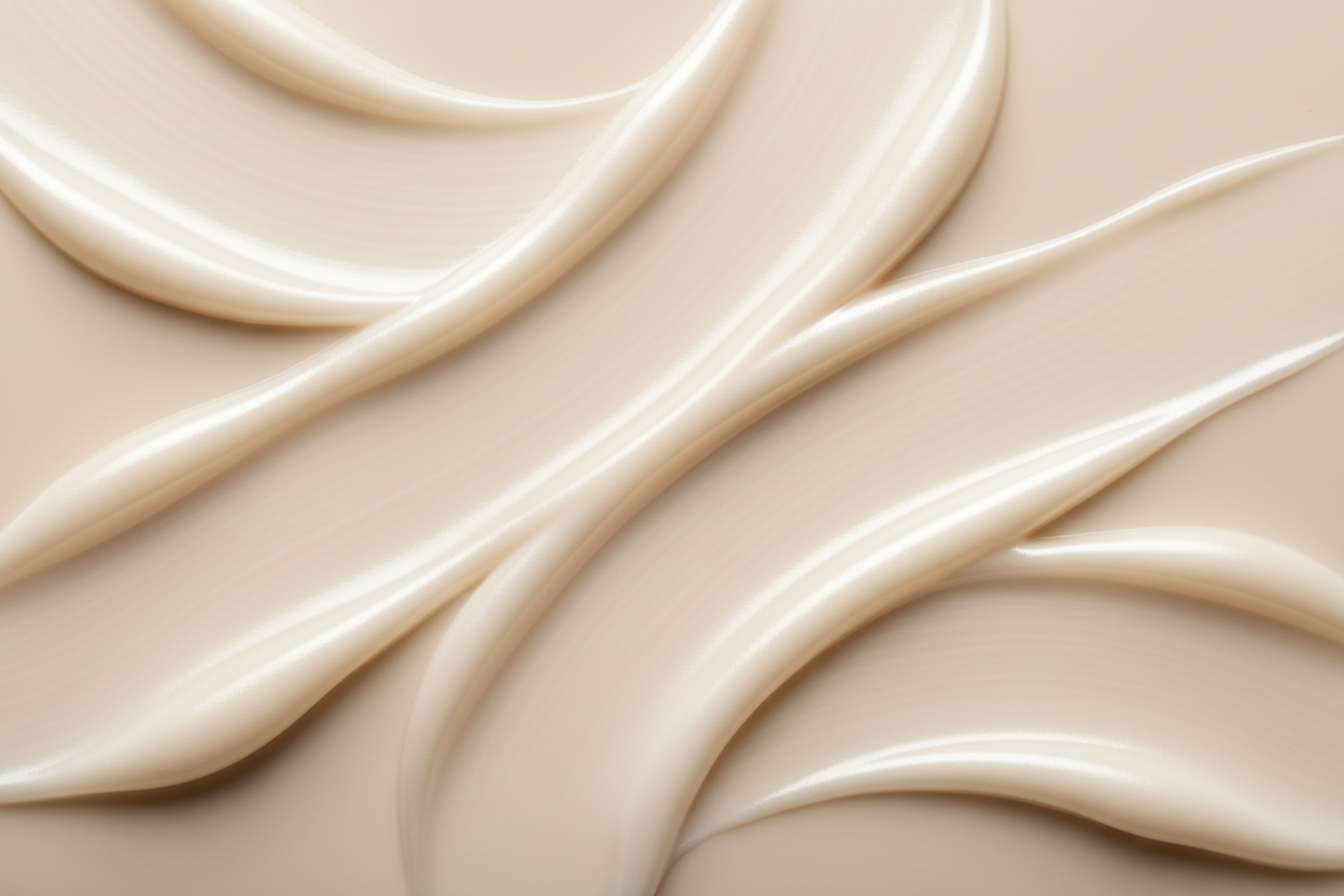 “High-end skincare texture shot of a silky cream in swirls on a neutral cream background. Clean luxury lighting, smooth elegant strokes, lightweight luminous finish. No bottle or packaging. Minimalist spa aesthetic.”