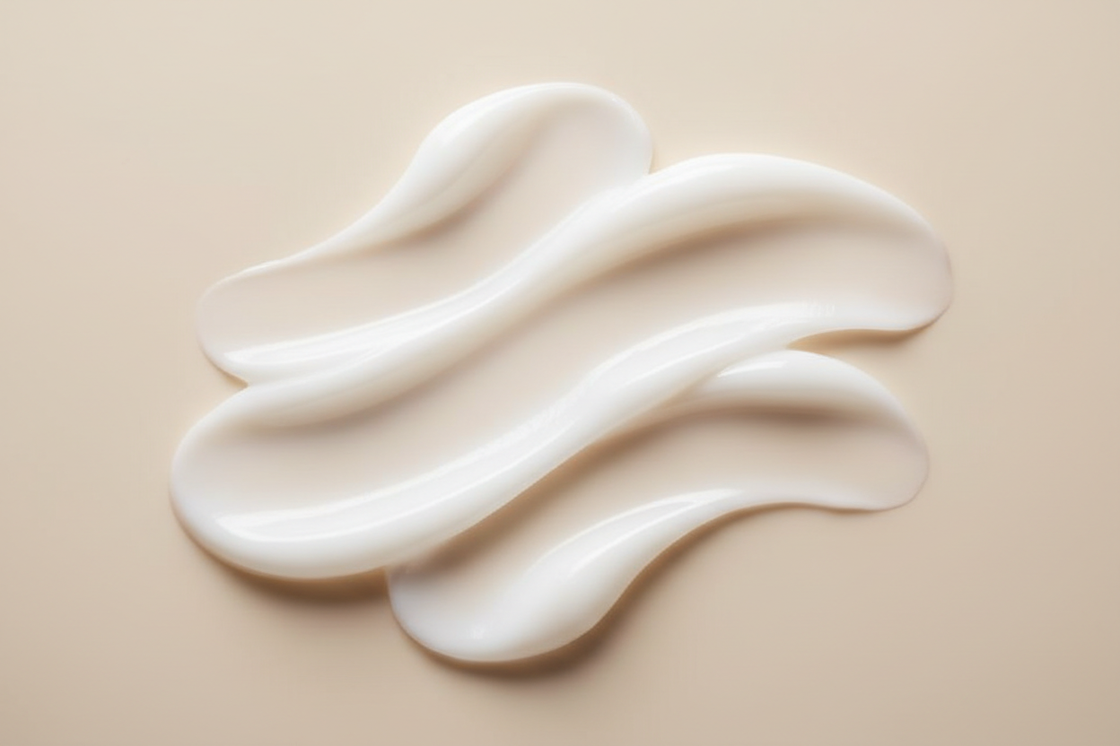 “High-end skincare texture shot of a silky cream in swirls on a neutral cream background. Clean luxury lighting, smooth elegant strokes, lightweight luminous finish. No bottle or packaging. Minimalist spa aesthetic.”