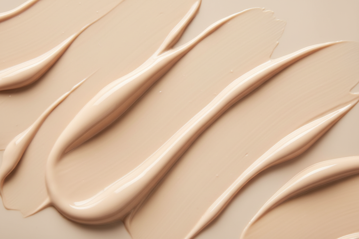 High-end skincare texture shot of a silky tinted mineral SPF cream in soft beige swirls on a neutral cream background. Clean luxury lighting, smooth elegant strokes, lightweight luminous finish. No bottle or packaging. Minimalist spa aesthetic