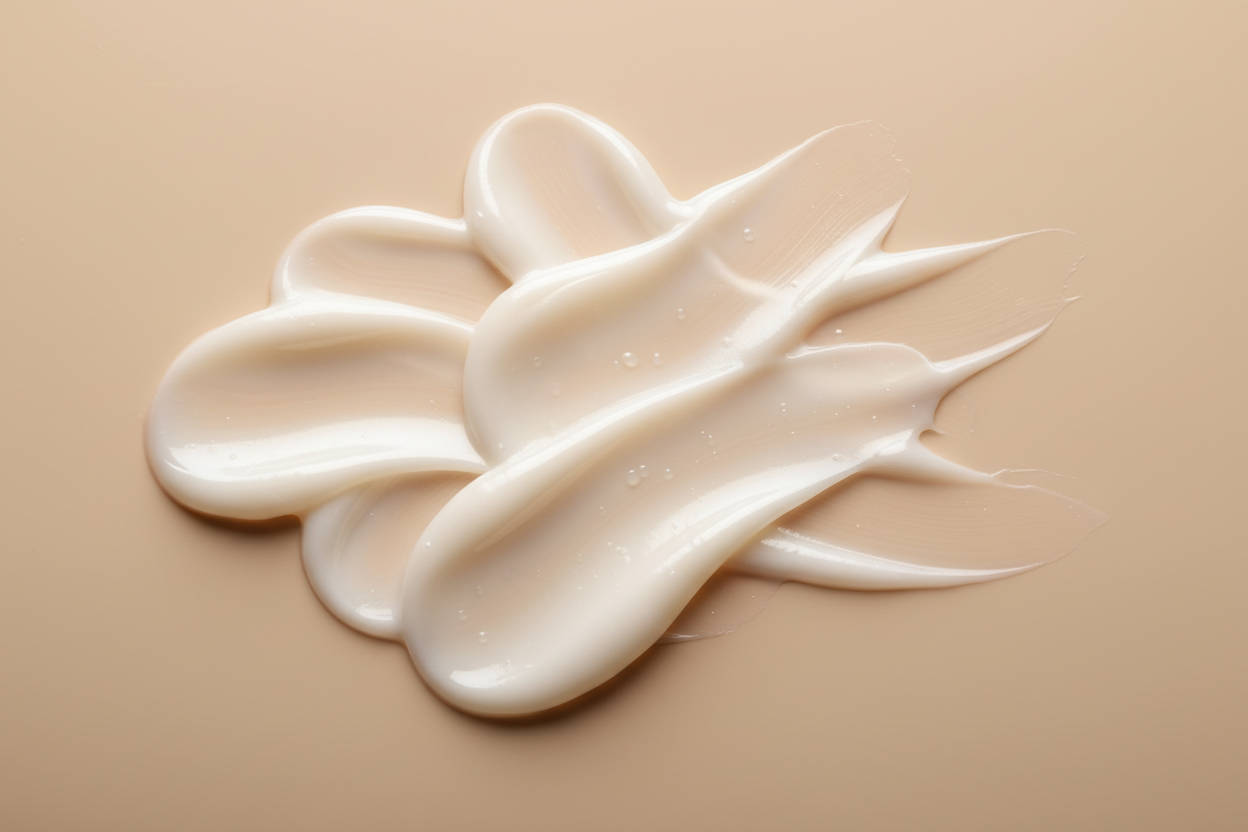 “High-end skincare texture shot of a soft, smooth cream applied in elegant swirls on a warm beige background. Clean luxury spa lighting, minimal and refined, highlighting richness and hydration. No product jar or packaging.”