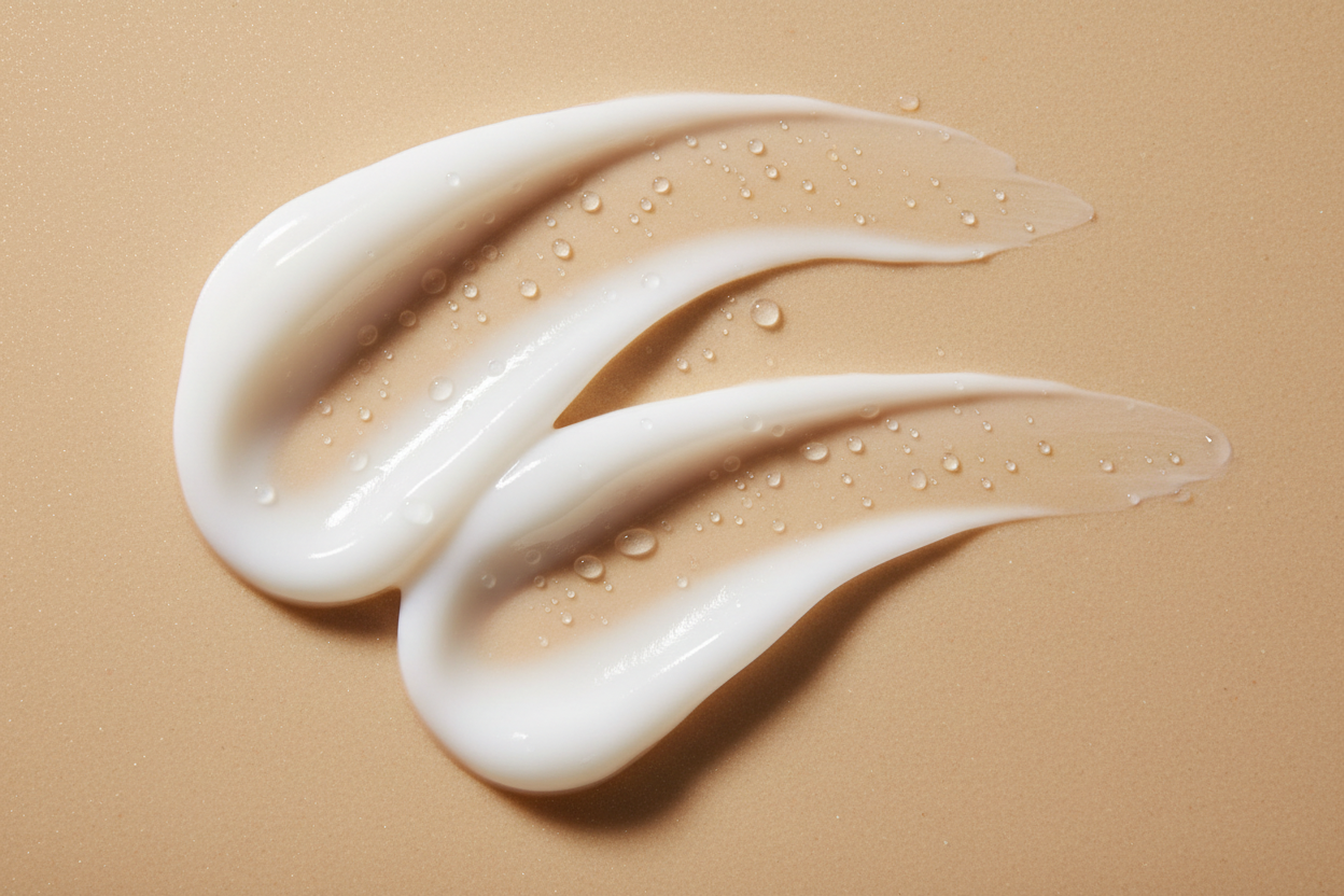 High-end skincare texture shot of a soft, smooth cream applied in elegant swirls on a warm beige background. Clean luxury spa lighting, minimal and refined, highlighting richness and hydration. No product jar or packaging.