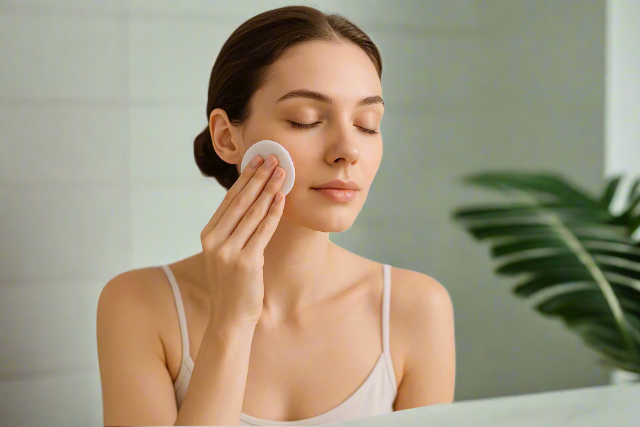 lady applying Micellar water to her face