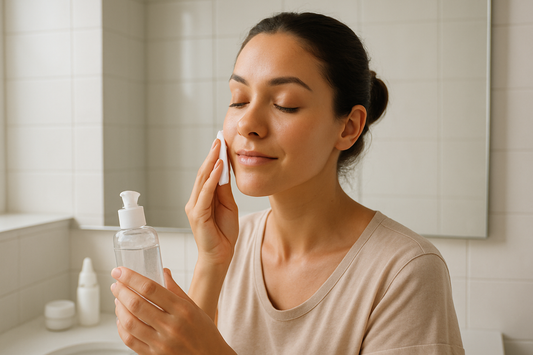 lady applying skincare toner to her face in bathroom