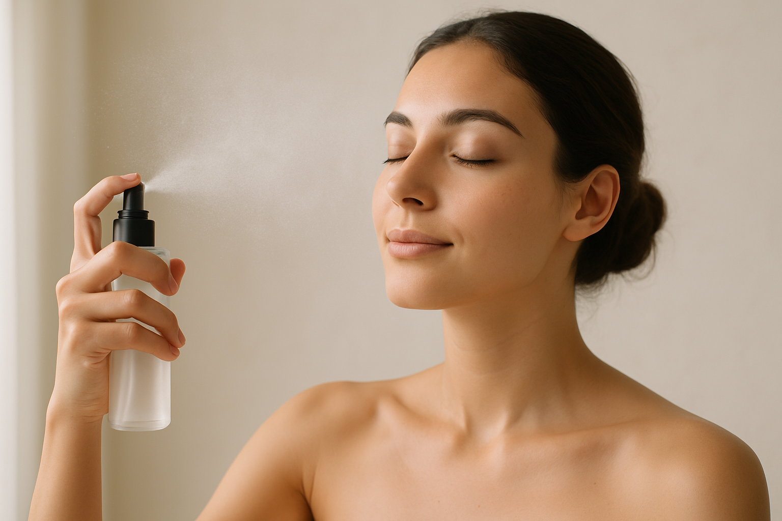 lady spraying clear mist on face
