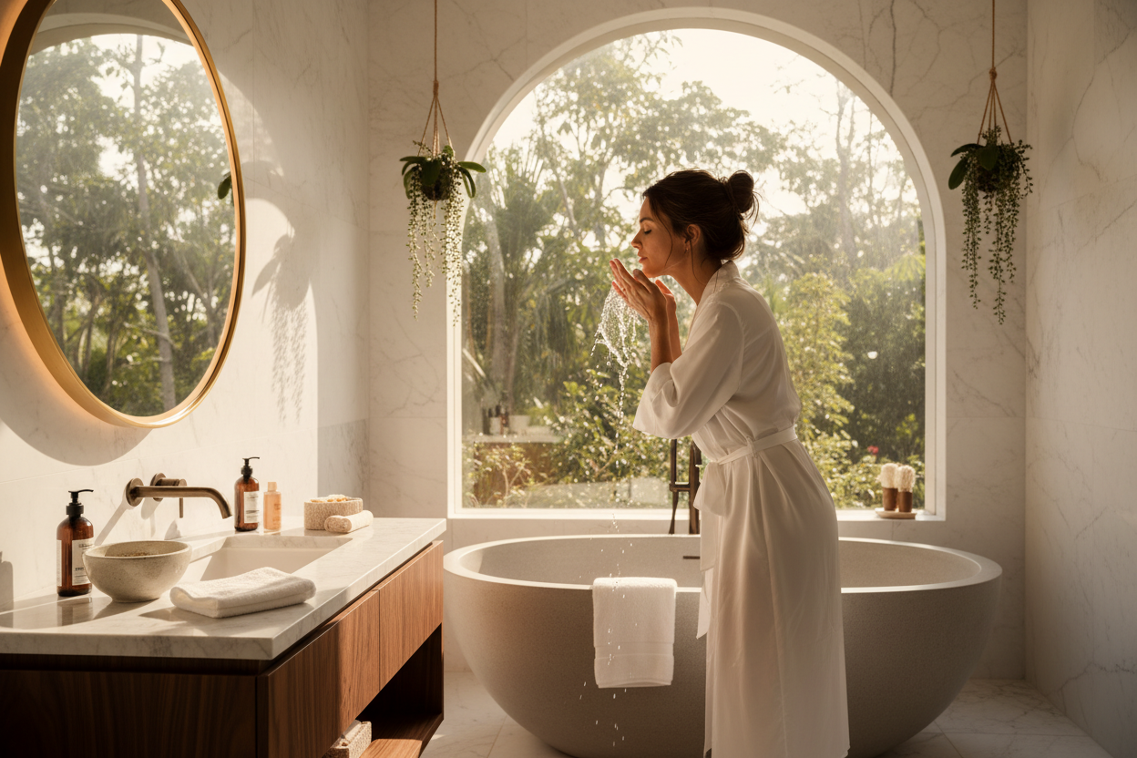 Lady washing her face, sun filled luxury bathroom, editorial photo 