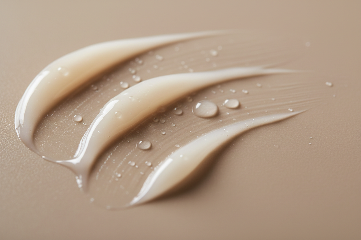 Macro close-up of a dewy gel-cream texture with glossy hydration. Smooth curved strokes on a neutral surface, soft diffused lighting, clean luxury aesthetic. No container visible.
