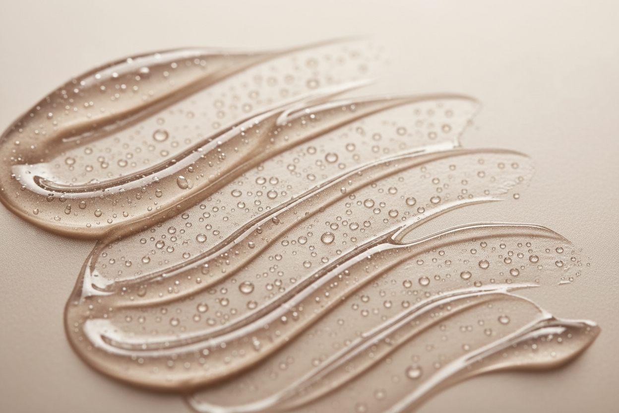 Macro close-up of a dewy gel-cream texture with glossy hydration. Smooth curved strokes on a neutral surface, soft diffused lighting, clean luxury aesthetic. No container visible.