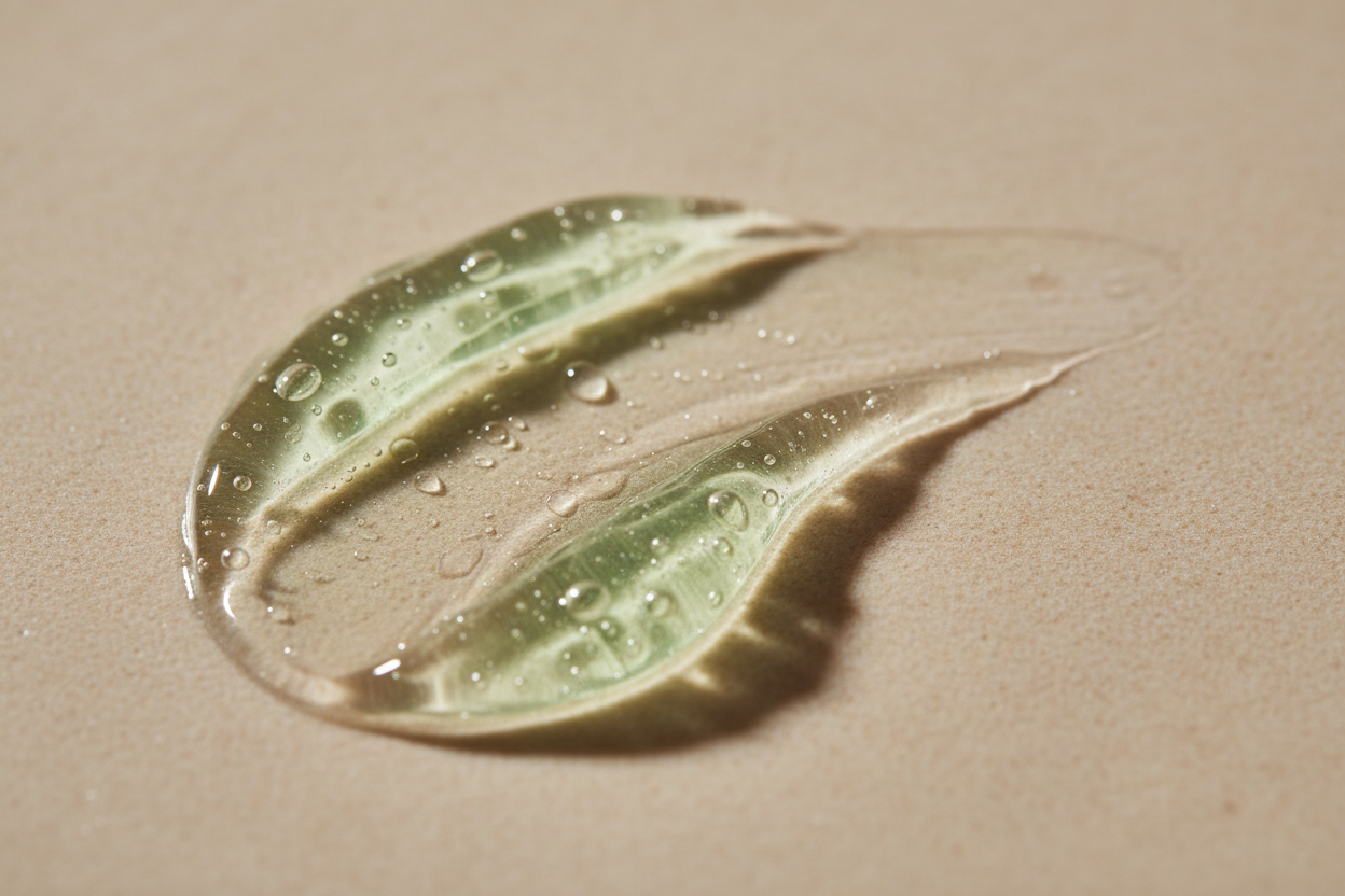 Macro close-up of a gel-cream texture with a soothing pale green tint, glossy and hydrating. Applied in a soft curved stroke on a warm neutral background. Clean luxury aesthetic, elegant and minimal.