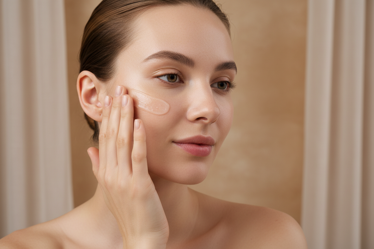 “Model applying a lightweight gel-cream moisturizer to the skin with visible dewy finish. Soft shadows, warm beige tones, modern spa-like simplicity. No packaging shown.”