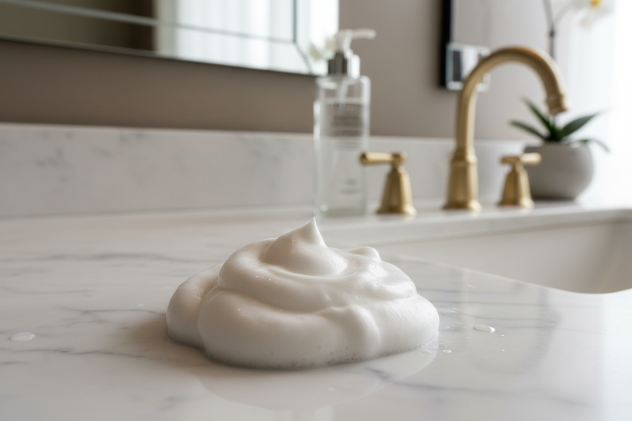 rich, milky face wash lather, on counter top, luxury bathroom, editorial photo 