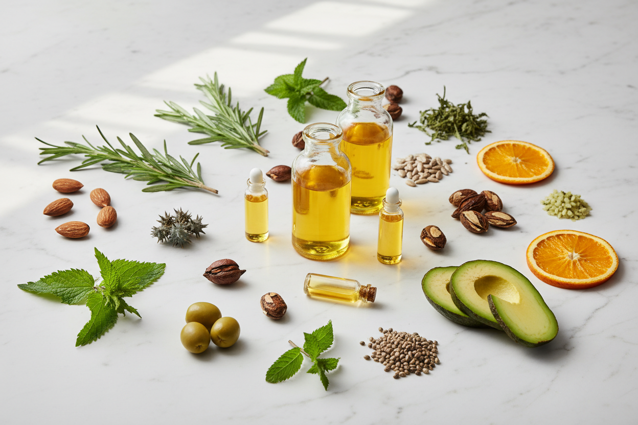 Rosemary, Almond, Peppermint Oil, Helianthus Annuus (Sunflower) Seed Oil, Ricinus Communis (Castor) Seed Oil, Prunus Amygdalus Dulcis (Sweet Almond), Argania Spinosa (Argan) Kernel, Cannabis Sativa (Hemp) Seed, Olea Europaea (Olive) Fruit, Persea Gratissima (Avocado), Mentha Piperita (Peppermint) Oil, Rosmarinus Officinalis (Rosemary) Leaf Oil, Urtica Dioica (Nettle) Leaf, ,Limonene➁, Camphor, Pinene, Citrus Aurantium, no branding 