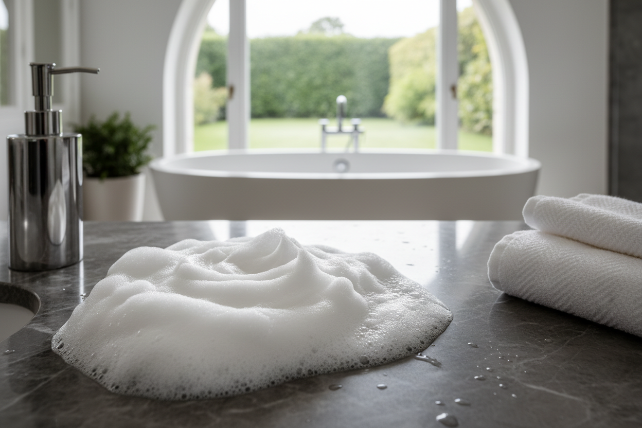 soap lather on flat surface, editorial photo, luxury Bathroom