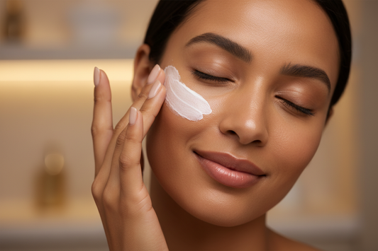 Soft luxury skincare image of a brown skin woman applying a white mineral SPF to her face. Neutral beige tones, warm spa lighting, creamy texture visible, elegant clean aesthetic. No bottle in frame.