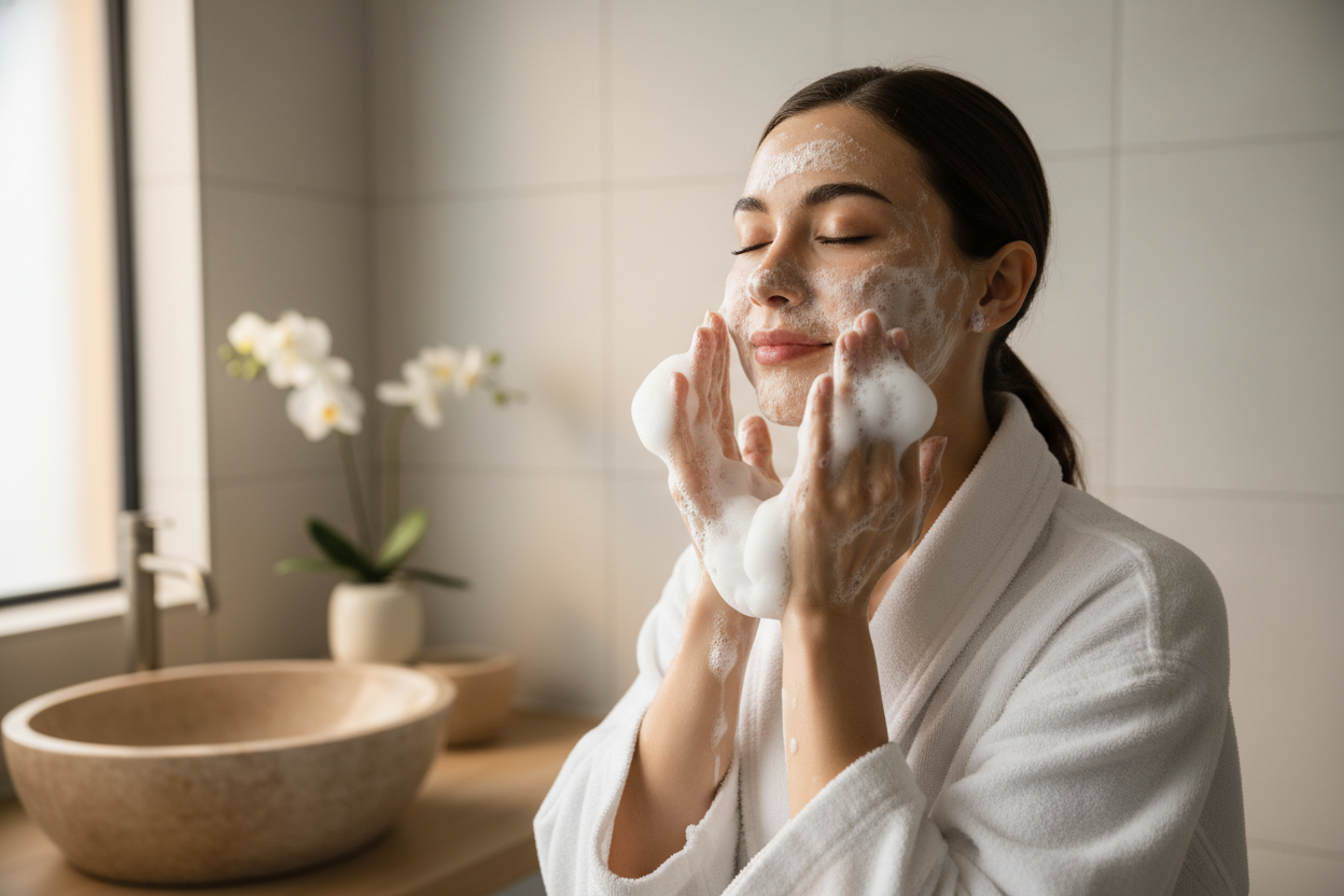 Woman washing face with rich, airy foam. Bubbles and soft lather visible. minimalistic spa-inspired lighting. Fresh, polished, and calm mood. Editorial Photo